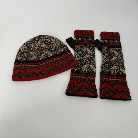 Invisible World Alpaca Beanie Hat & Fingerless Gloves Set M Red Gray Fair Isle - Picture 2 of 7